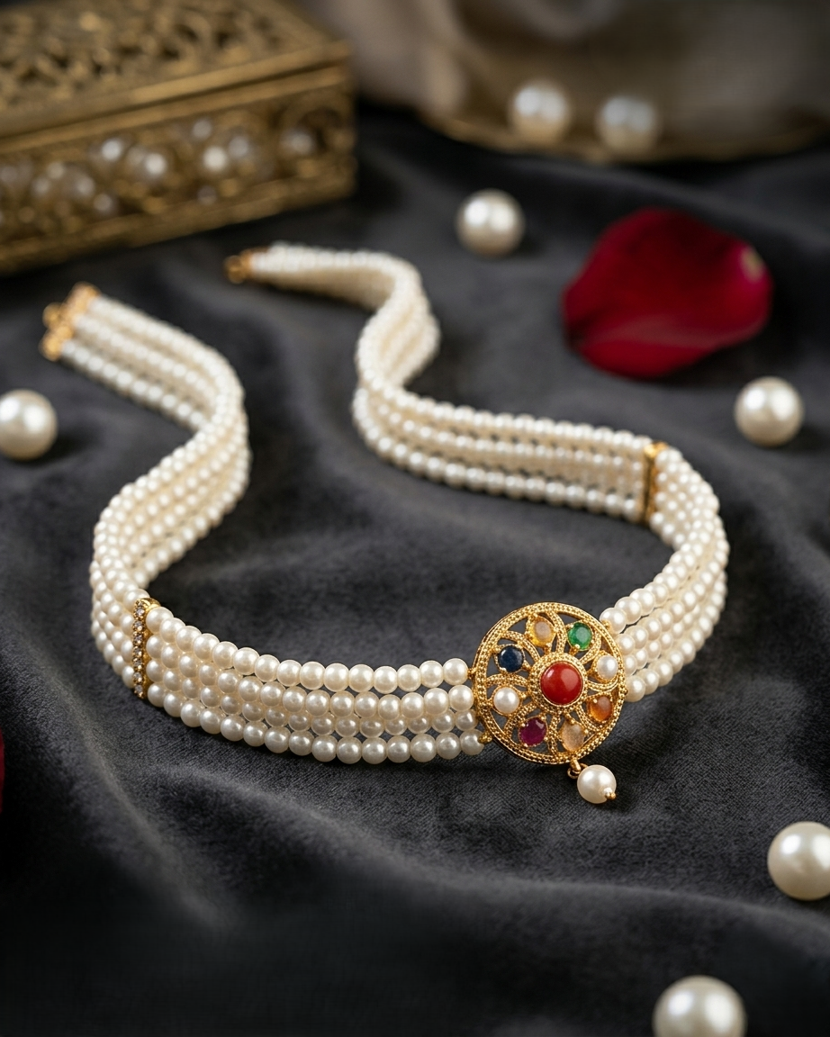 Gold-Plated Navaratna White Moti Choker with Floral Round Pendant & Three-Layer Pearl Design