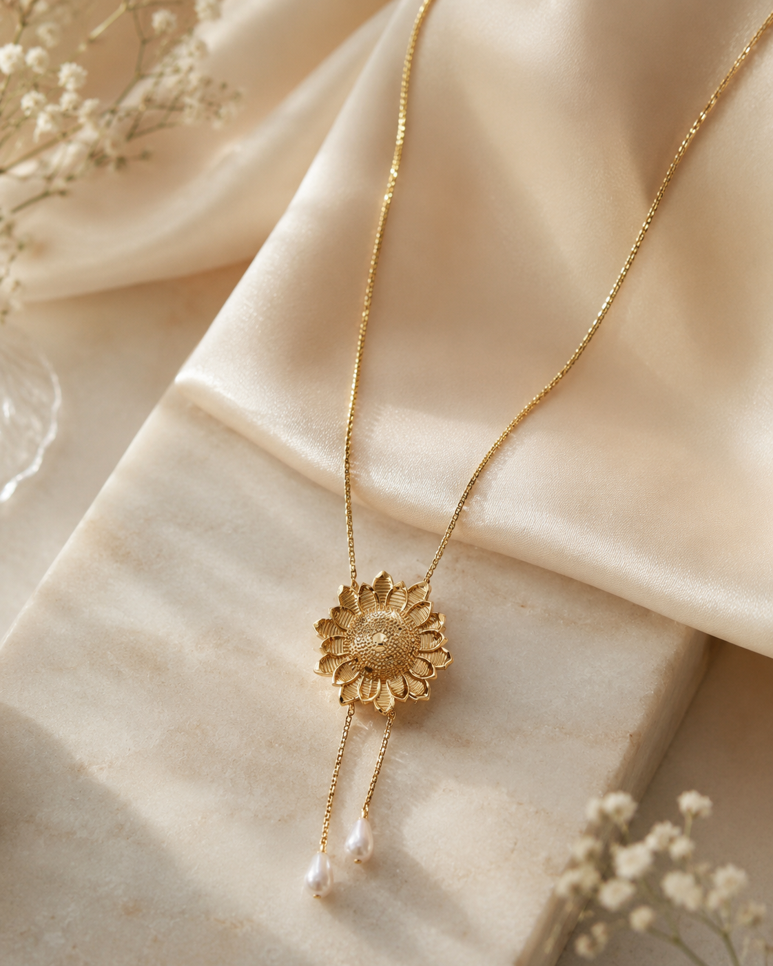 Sunflower Pendant Necklace with Rotating Design and Gold-Plated Zirconium Crystals