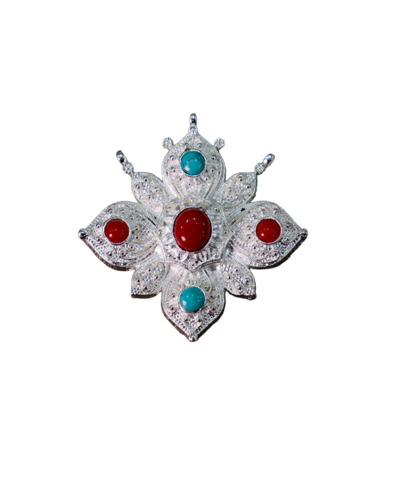 Traditional Tibetan Ghau Prayer Box Pendant – Silver Buddhist Amulet with Turquoise & Coral Inlay