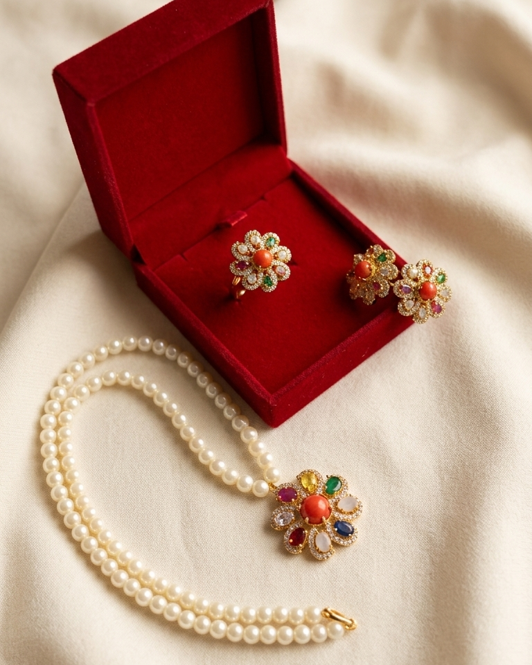 Navratna Gemstone Jewelry Set with Pearl Mala Necklace, Earrings & Ring | Traditional Multicolor Locket Set