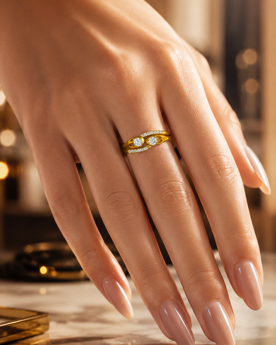 Infinity-Inspired Gold Ring with Two Stones on a Polished Gold Band
