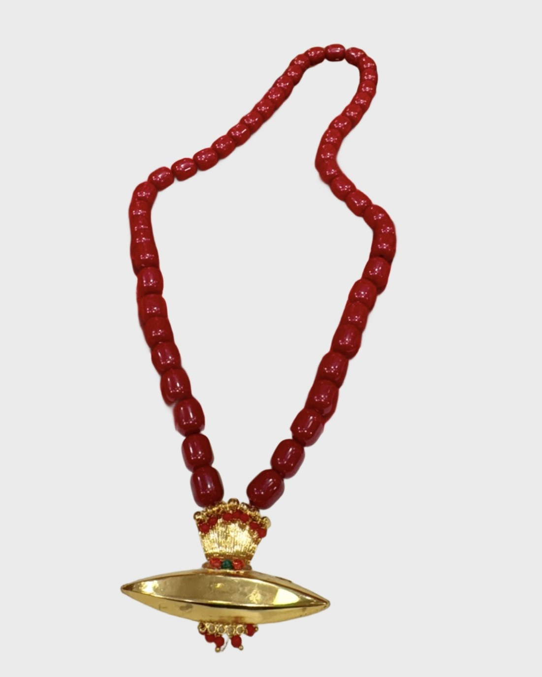 Gold-Plated Traditional Newari Tayo Pendant with Red Muga Mala – Handcrafted Ethnic Necklace