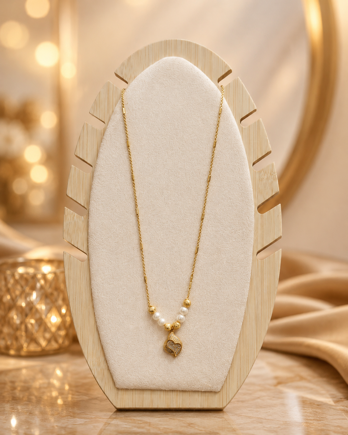 Gold-Toned Heart Pendant Necklace with Pearls & Crystal Accents