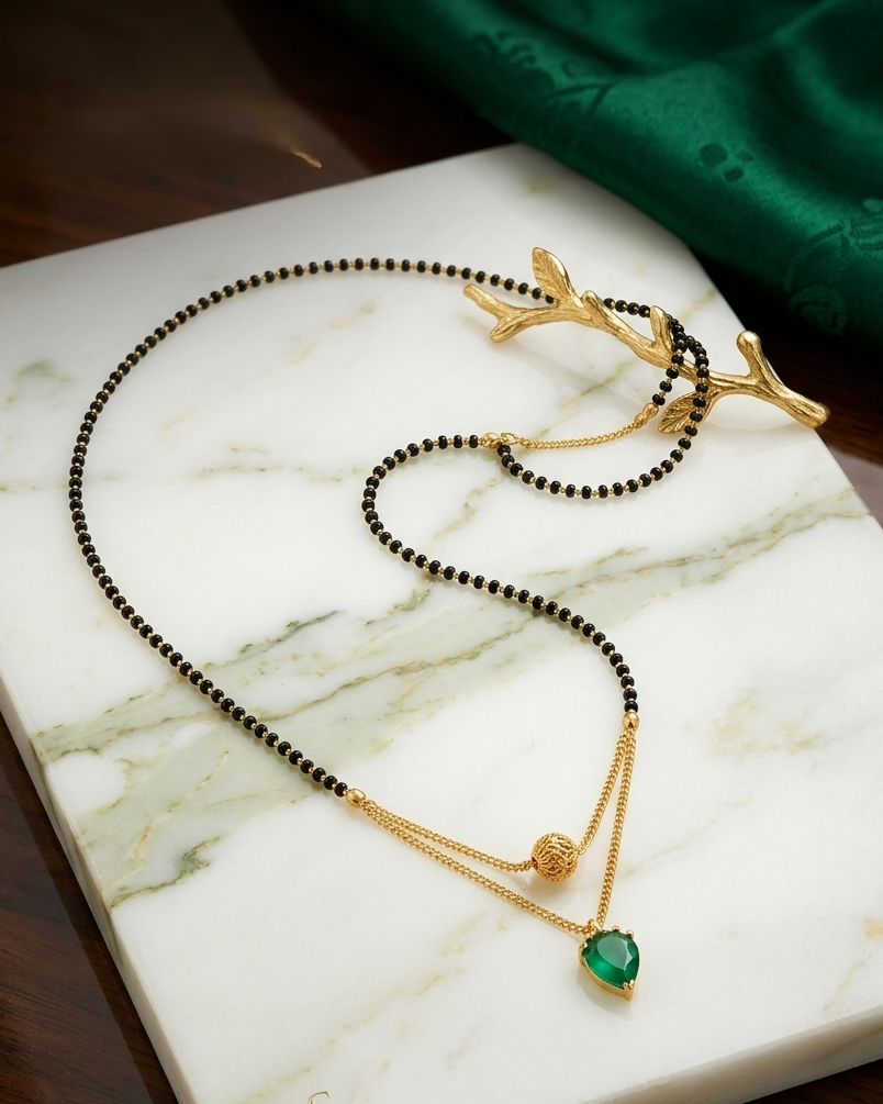 Gold-Plated Mangalsutra with Green Stone Pendant & Black Bead Chain for Women | Elegant Traditional Jewelry