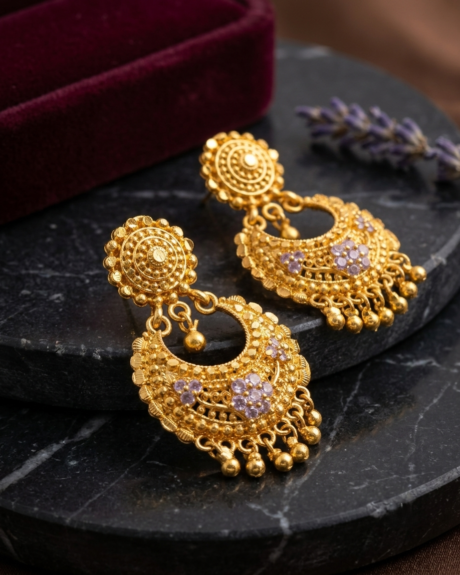 Gold-Plated RamLeela Jhumka Earrings with Purple Stone Accents & Dangling Beads