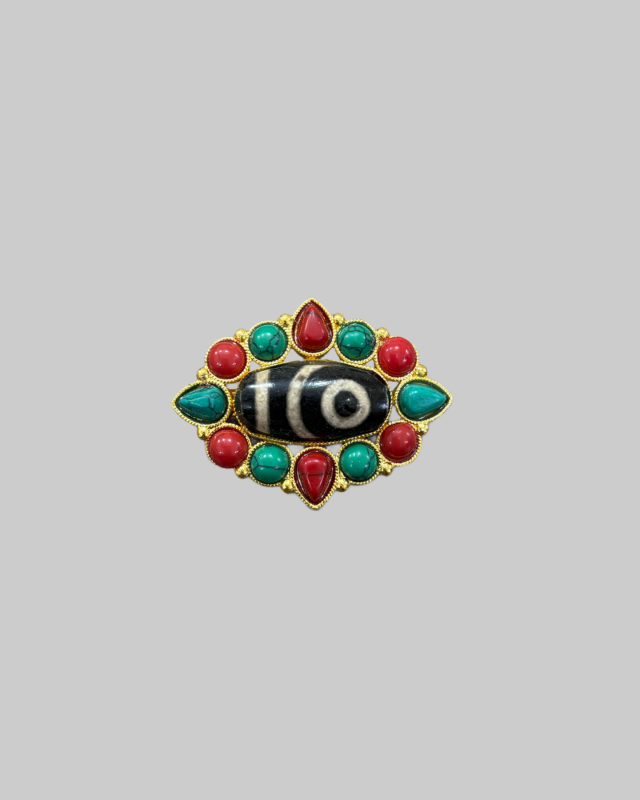 Handmade Tibetan/Nepali Brass Brooch with Turquoise & Coral Inlays | Artisan Statement Pin