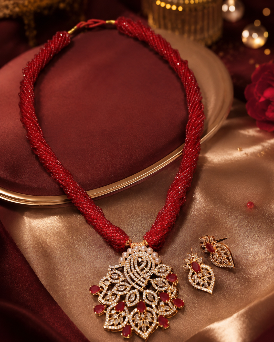 Red Potey Beaded Necklace with Gold-Plated American Diamond & Red Stone Pendant