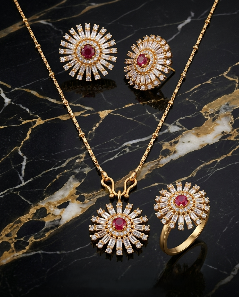 American Diamond Sunburst Pendant Set with Ruby-Red Stone