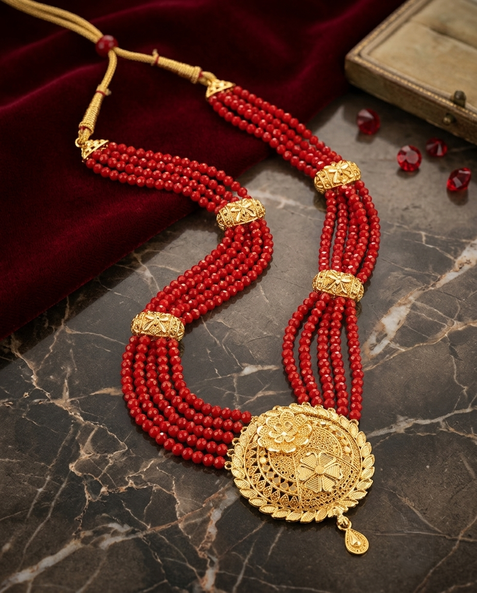 Gold-Plated Chandrahaar Necklace with Red Crystals & Intricate Floral Pendant