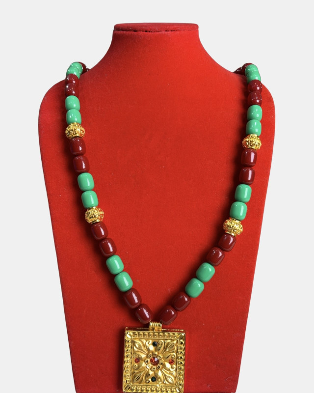 Traditional Sherpa Muga Mala Necklace with Jantar