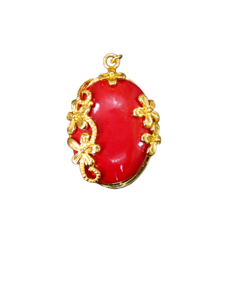 Gold-Plated Red Coral Oval Pendant with Floral Design