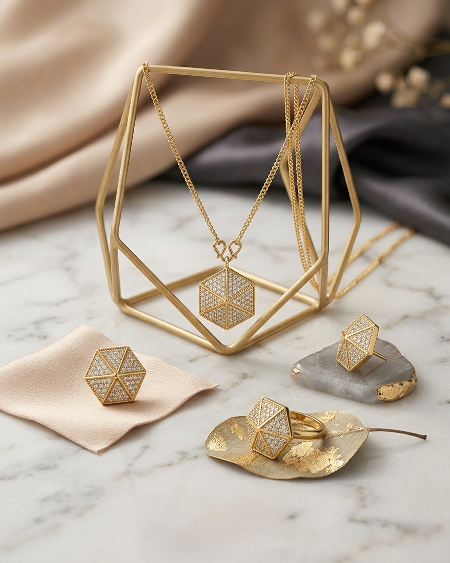Tanishq Hexagonal Pendant and Earrings Set with Pavé Diamond Geometric Design