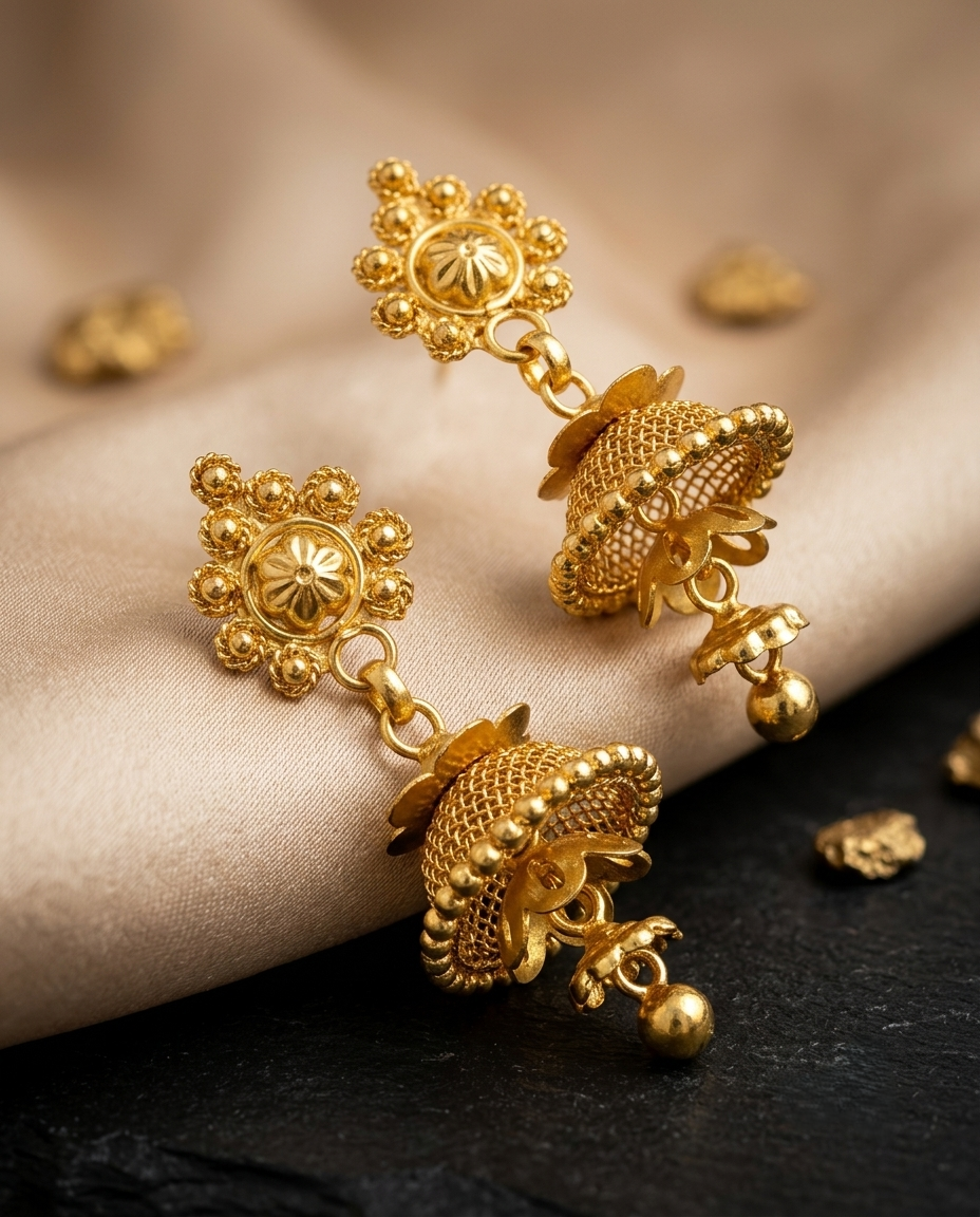 Gold Jhumka Earrings with Intricate Filigree Work & Floral Stud Top