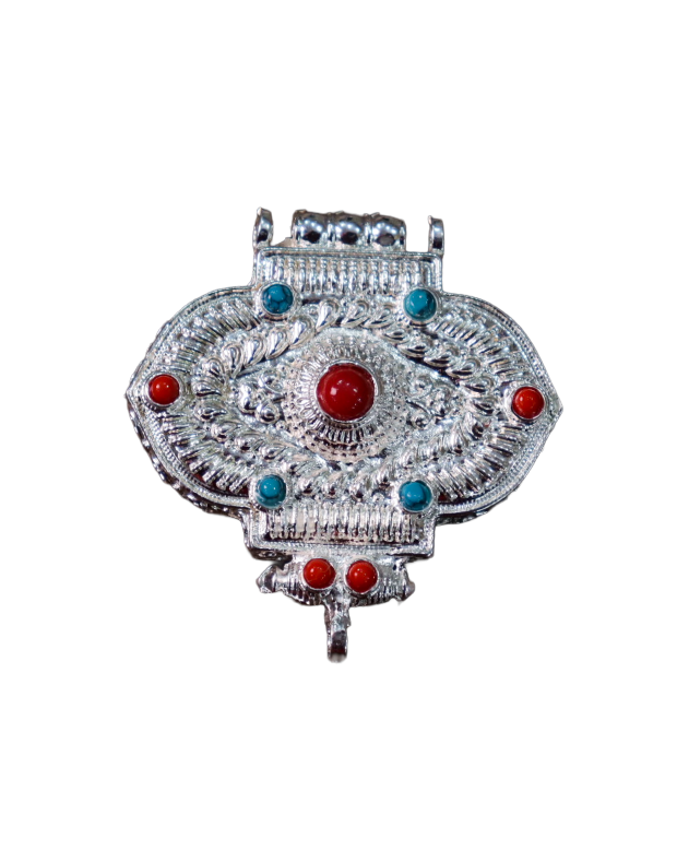 Silver-Plated Tibetan Ghau (Prayer Box) Pendant with Coral & Turquoise Stone Inlays