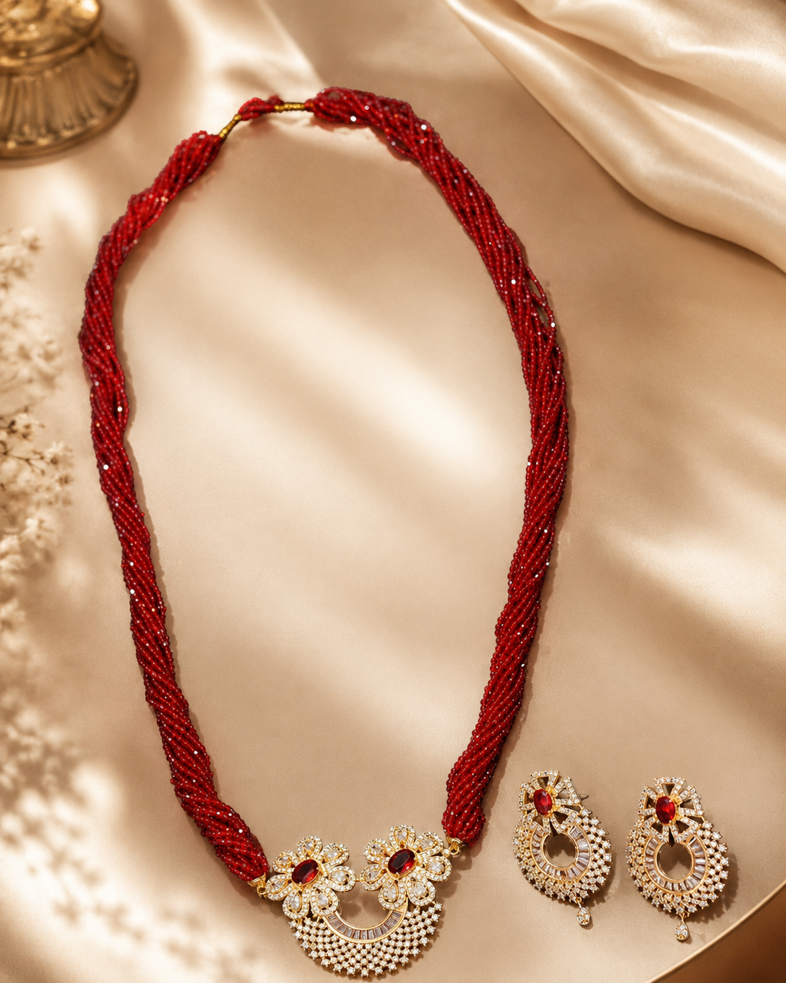 Gold-Plated Maili Tilahari Necklace Set with Red Bead Strands & Stone-Filled Pendants