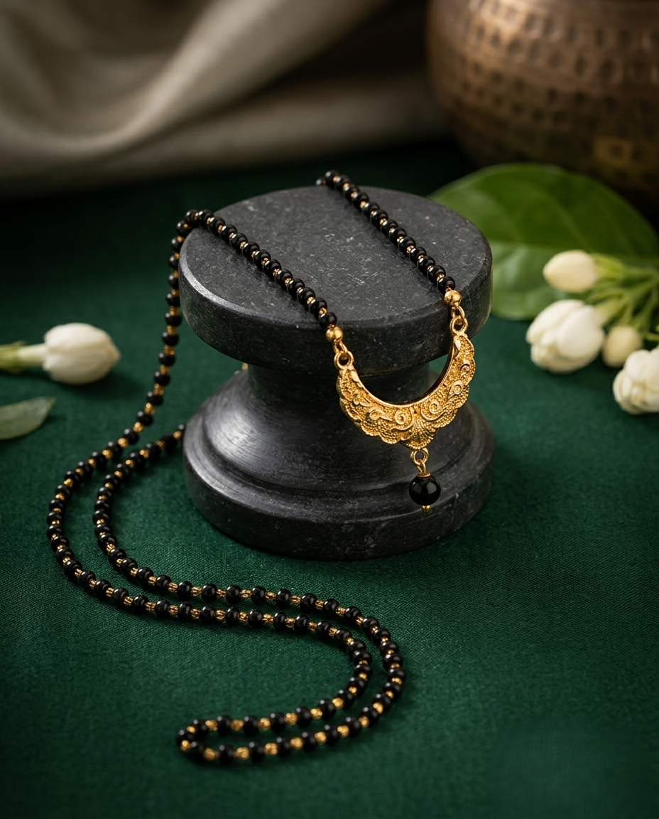 Gold-Plated Half-Moon Mangalsutra with Black Beads