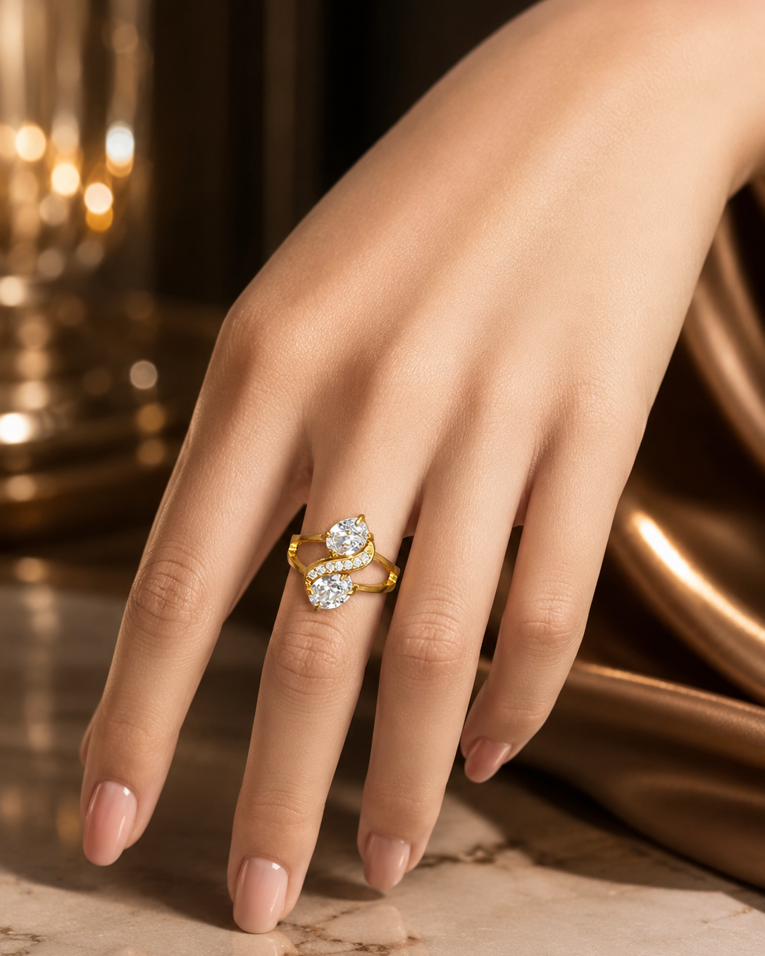 Pear and Round Cut Bypass Ring in Gold for Women