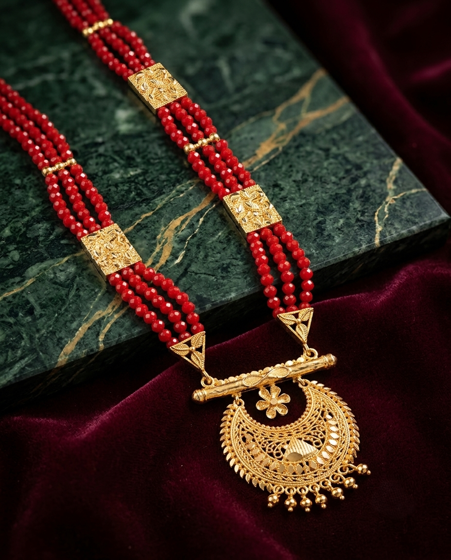 Gold-Plated Red Bead Necklace with Intricate Central Locket