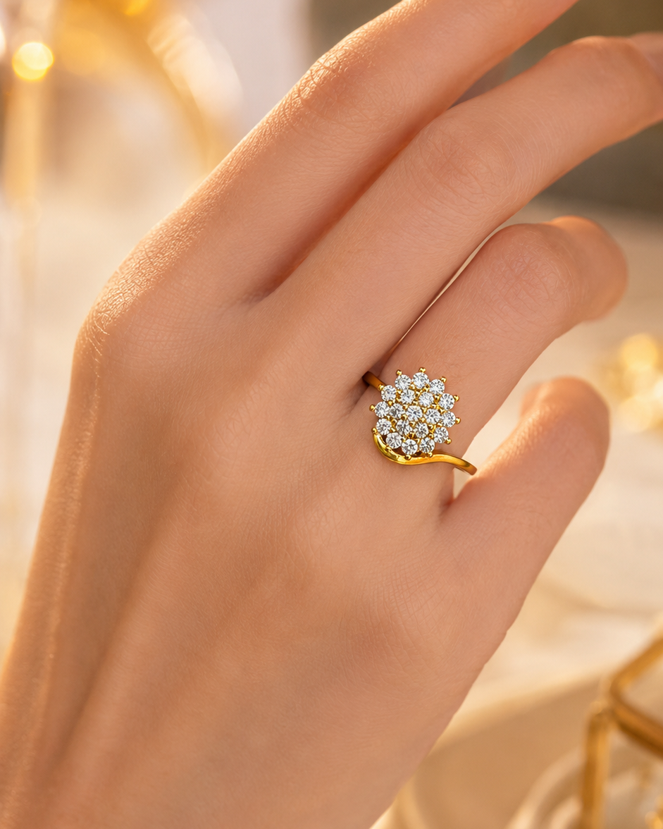 Gold-Plated Floral Diamond Cluster Ring with Adjustable Dainty Band