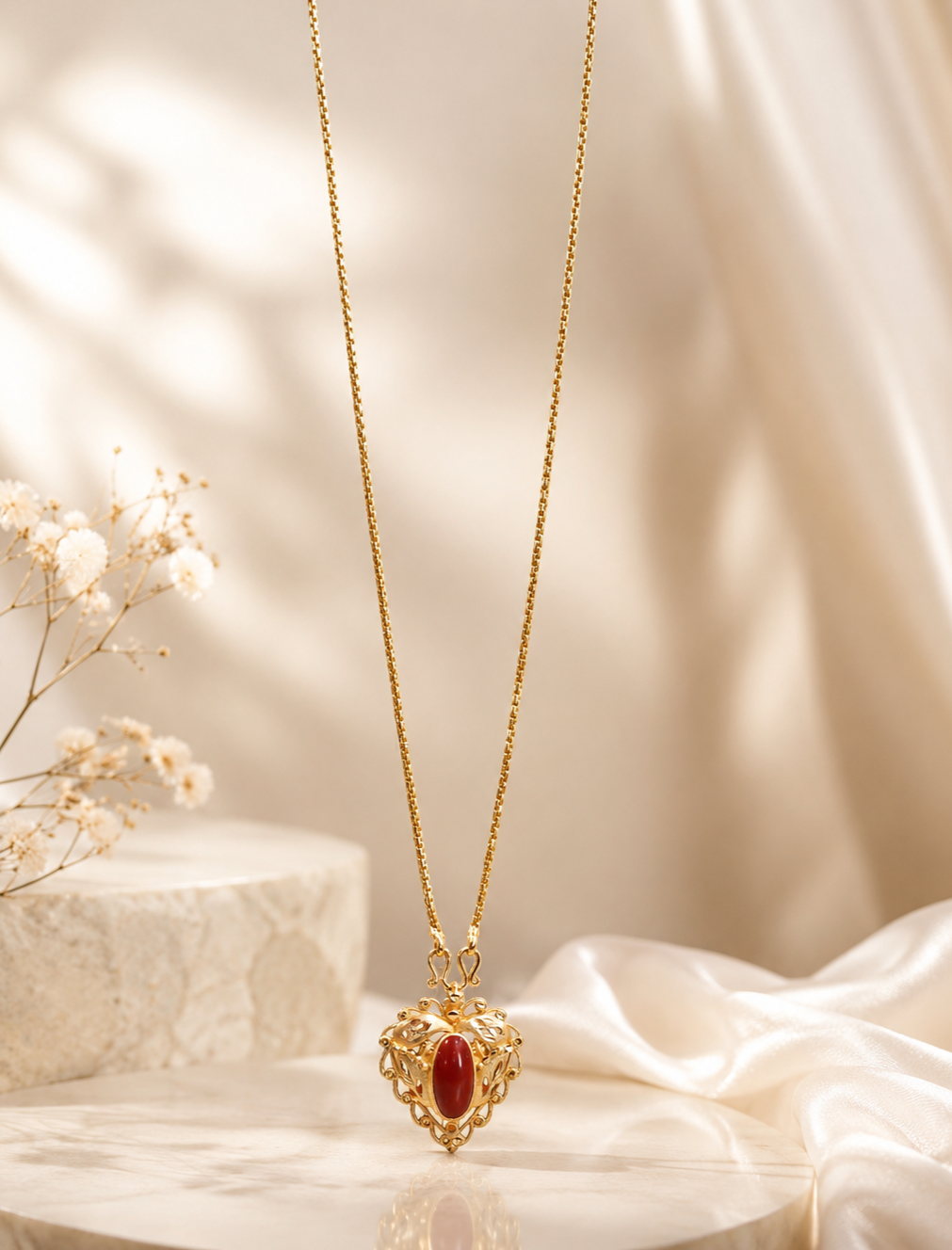 Gold-Plated Sacred Heart Necklace with Filigree Details & Red Stone Center