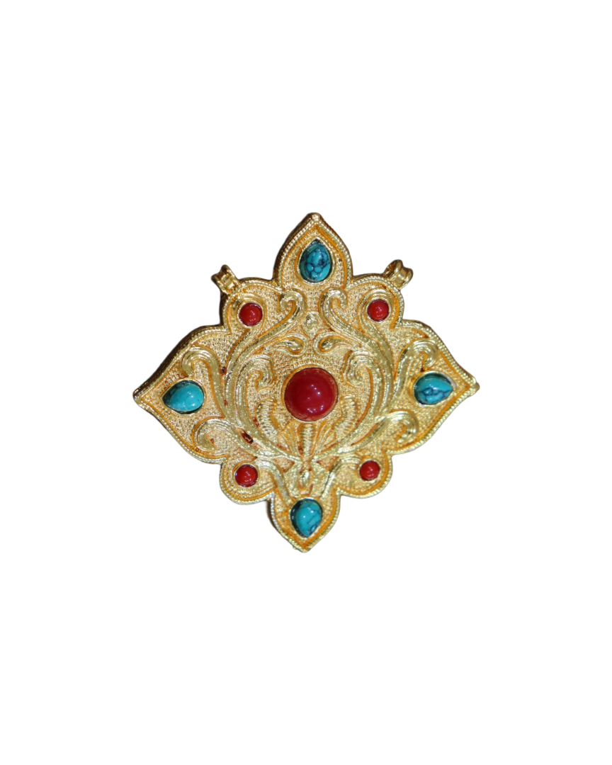 Gold-Plated Tibetan Ghau Amulet Prayer Box Locket with Turquoise & Coral