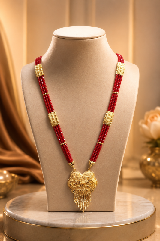 Traditional Red Bead Mangalsutra with Ornate Gold Pendant & Gold-Plated Accents