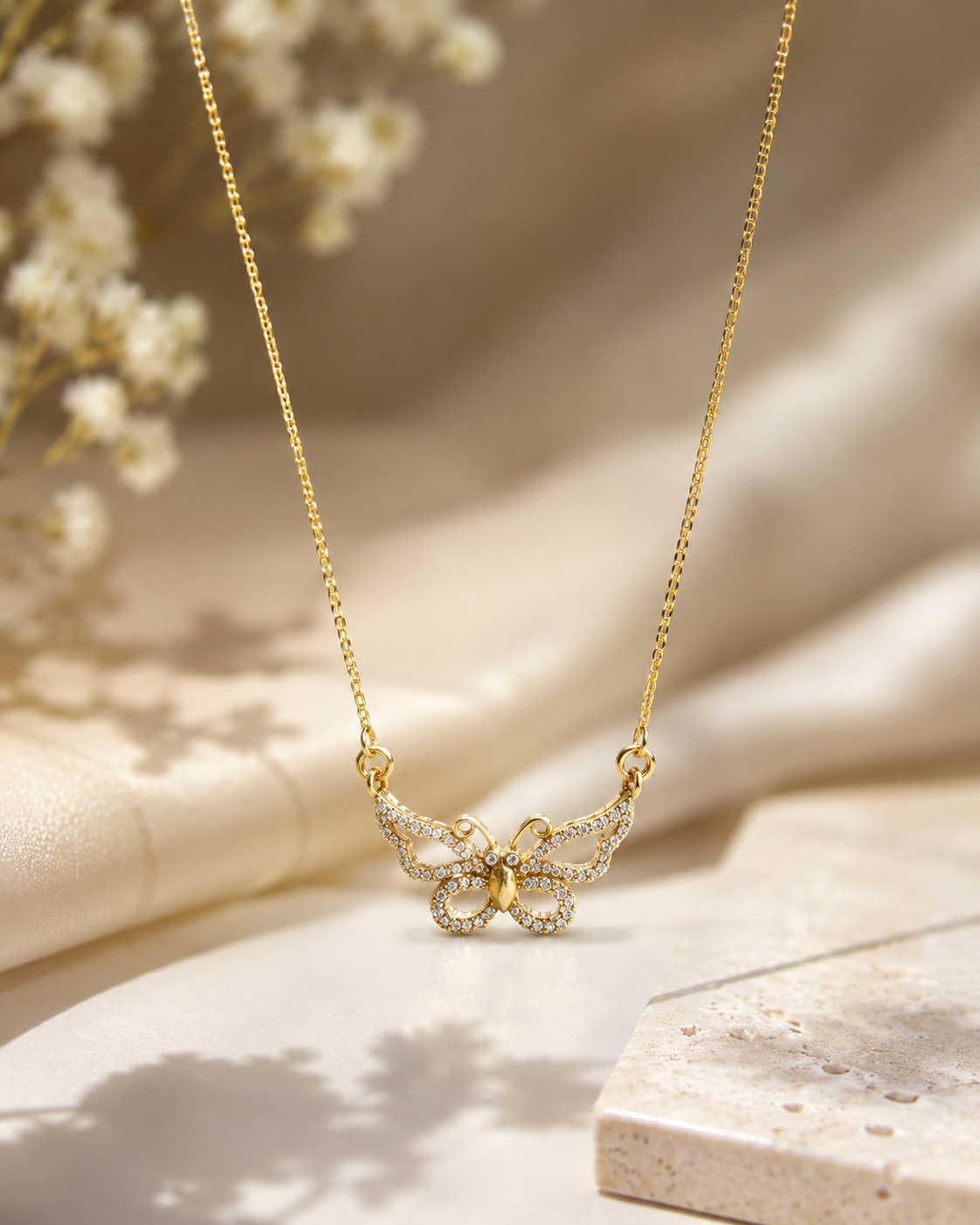 Gold-Plated Butterfly Pendant Necklace with Sparkling Crystal Accents