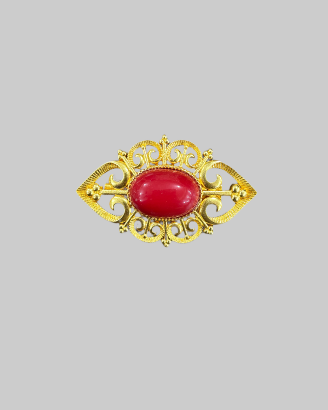 Vintage Gold-Tone Brooch with Red Cabochon Stone Center | Classic Statement Pin