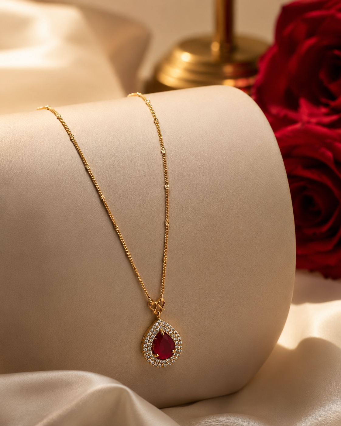 Gold-Plated Ruby Teardrop Pendant Necklace with Delicate Chain & Sparkling Stone