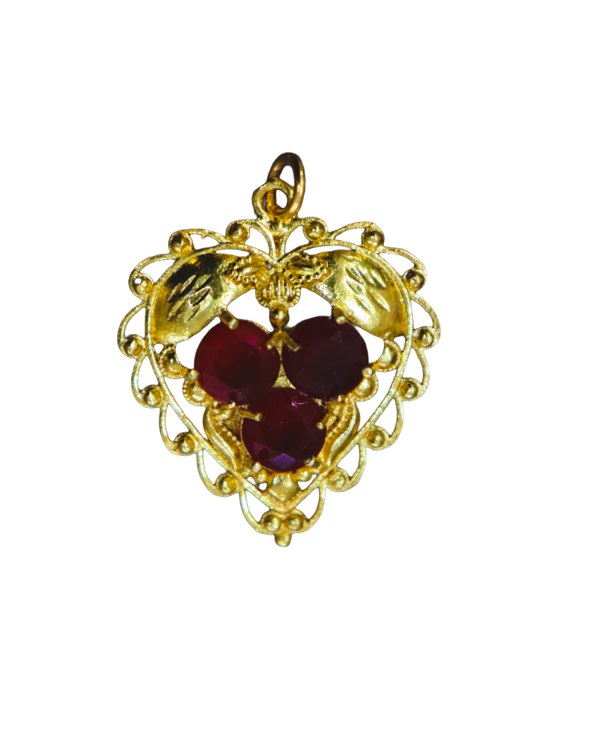 Gold Heart-Shaped Filigree Pendant with Red Garnets