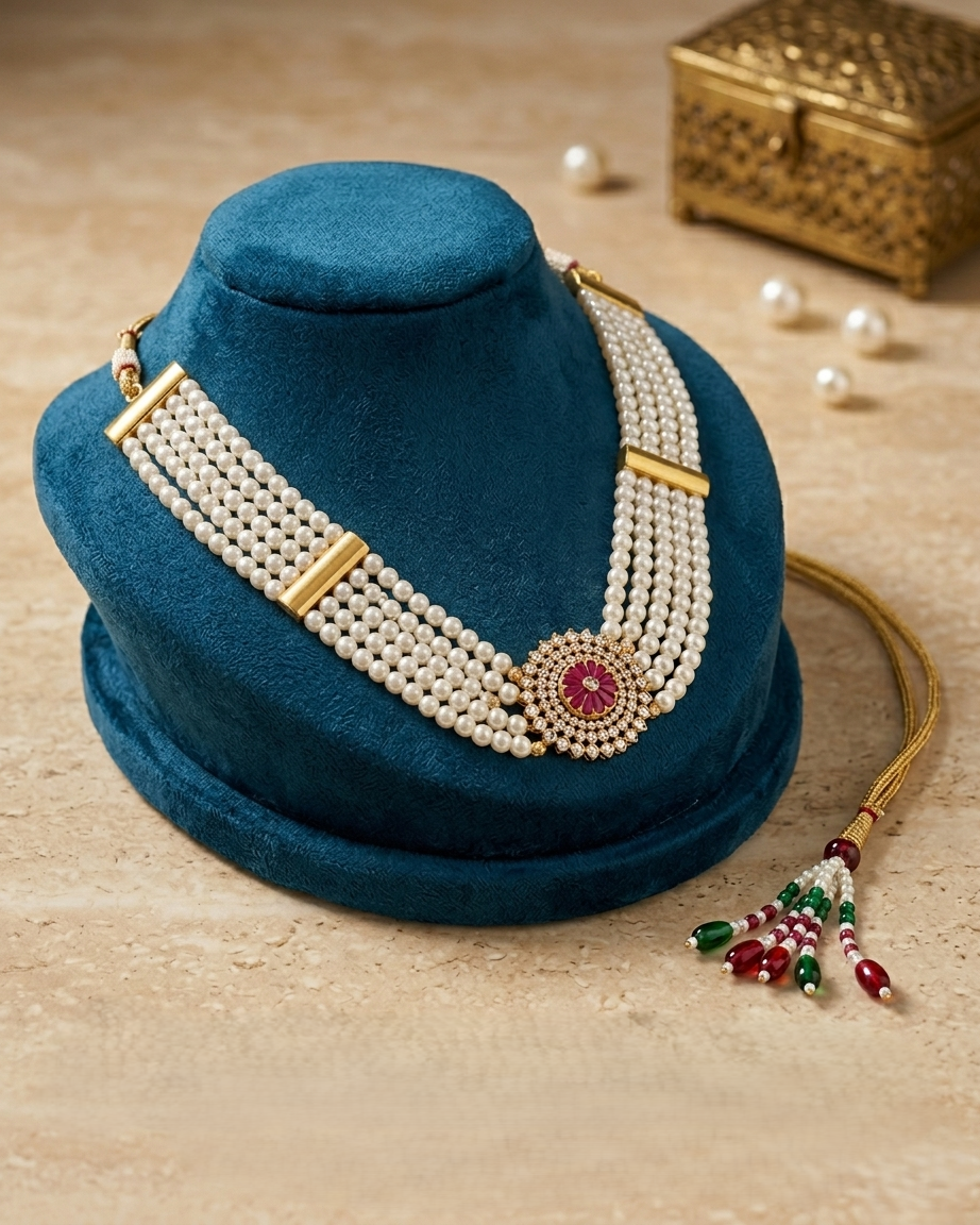 Gold-Plated Five-Strand Pearl Necklace with Red Stone Pendant for Women | Elegant Traditional Jewelry