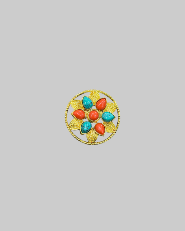 Gold-Plated Tibetan Ghau Brooch with Coral & Turquoise Stones