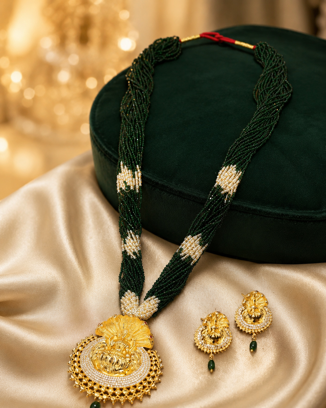 Traditional Nepali Green Pote Mala Necklace Set with Gold-Plated Temple Pendant & Jhumka Earrings