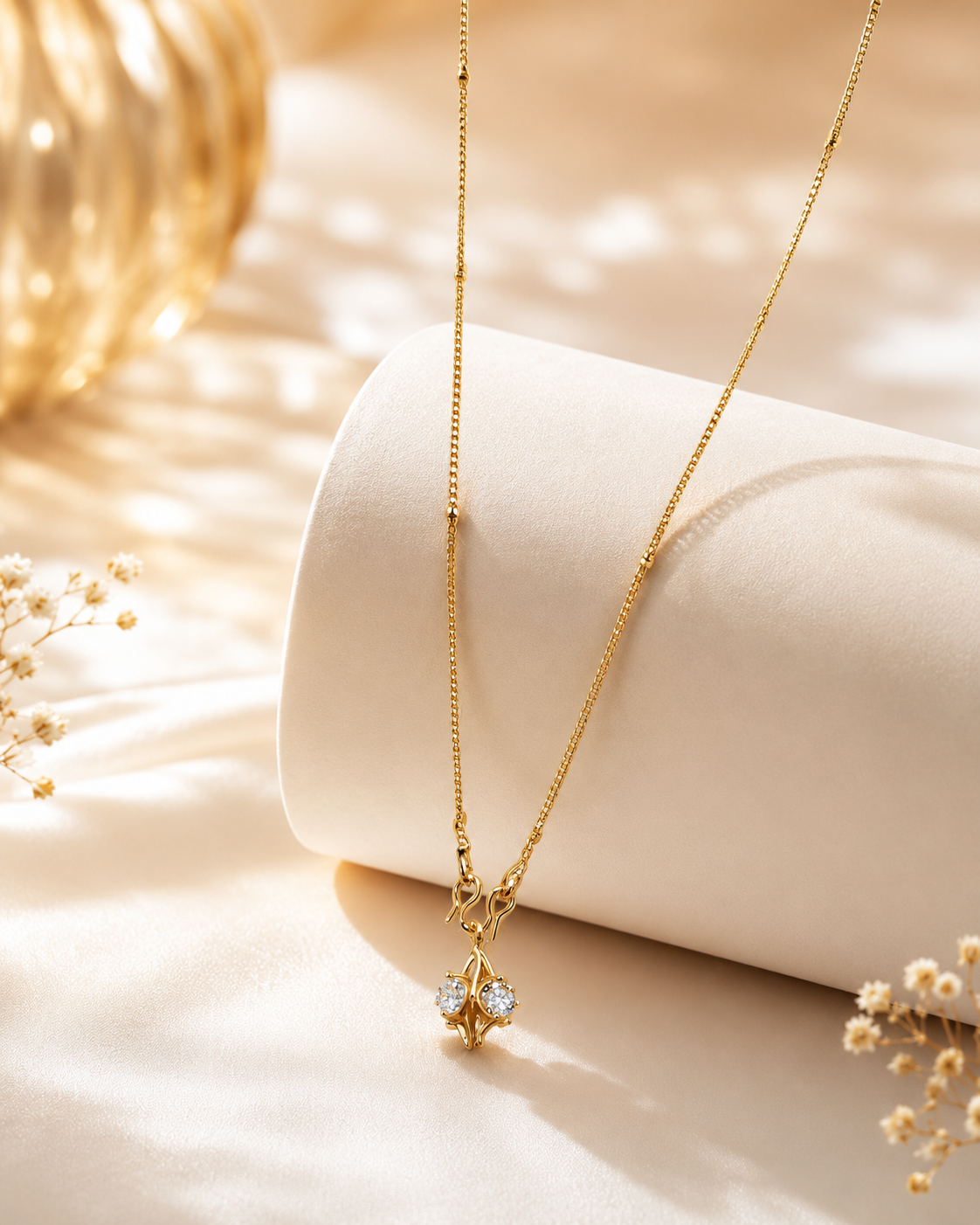 Gold Chain Necklace with Minimalist Two-Stone Sparkling Pendant