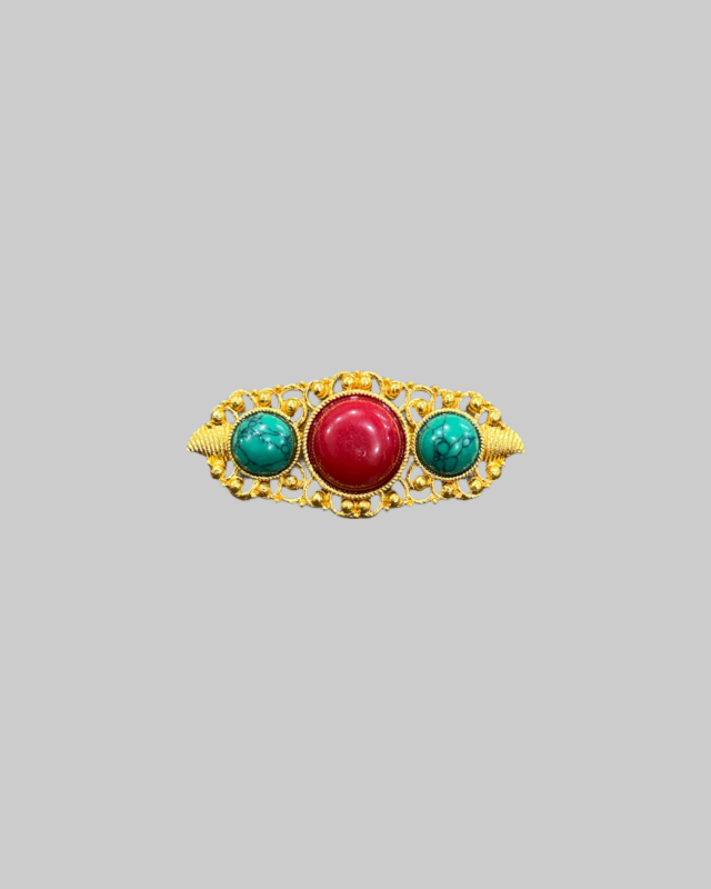 Vintage Czech Gold-Tone Brooch with Red Glass and Turquoise Cabochons