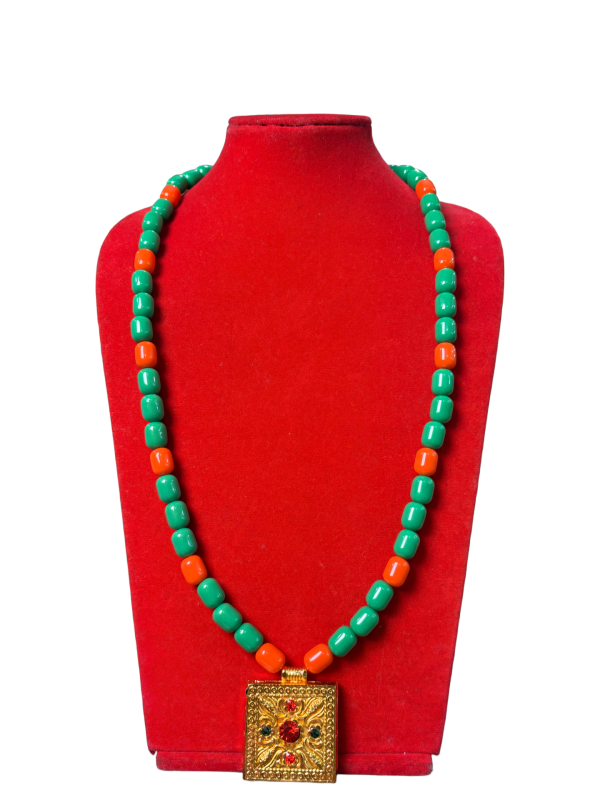 Gold-Toned Nepali Peehruu Mala Necklace with Red & Green Beads