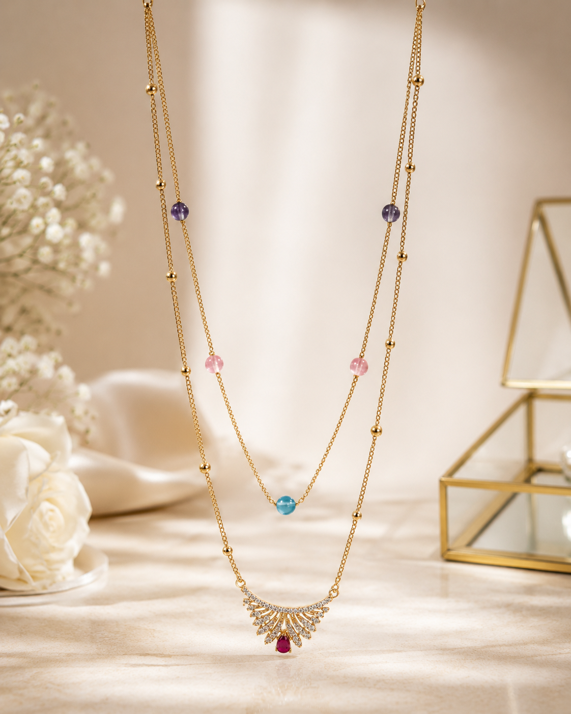 Gold Chain Necklace with Colorful Stones and Diamond Pendant