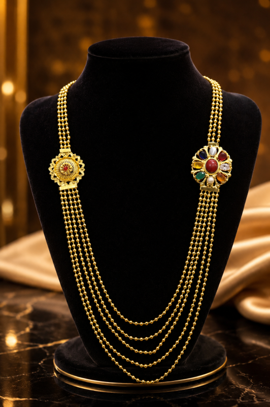 Gold-Plated Asymmetrical Necklace with Navaratna Pendant & Intricate Gold Artistry