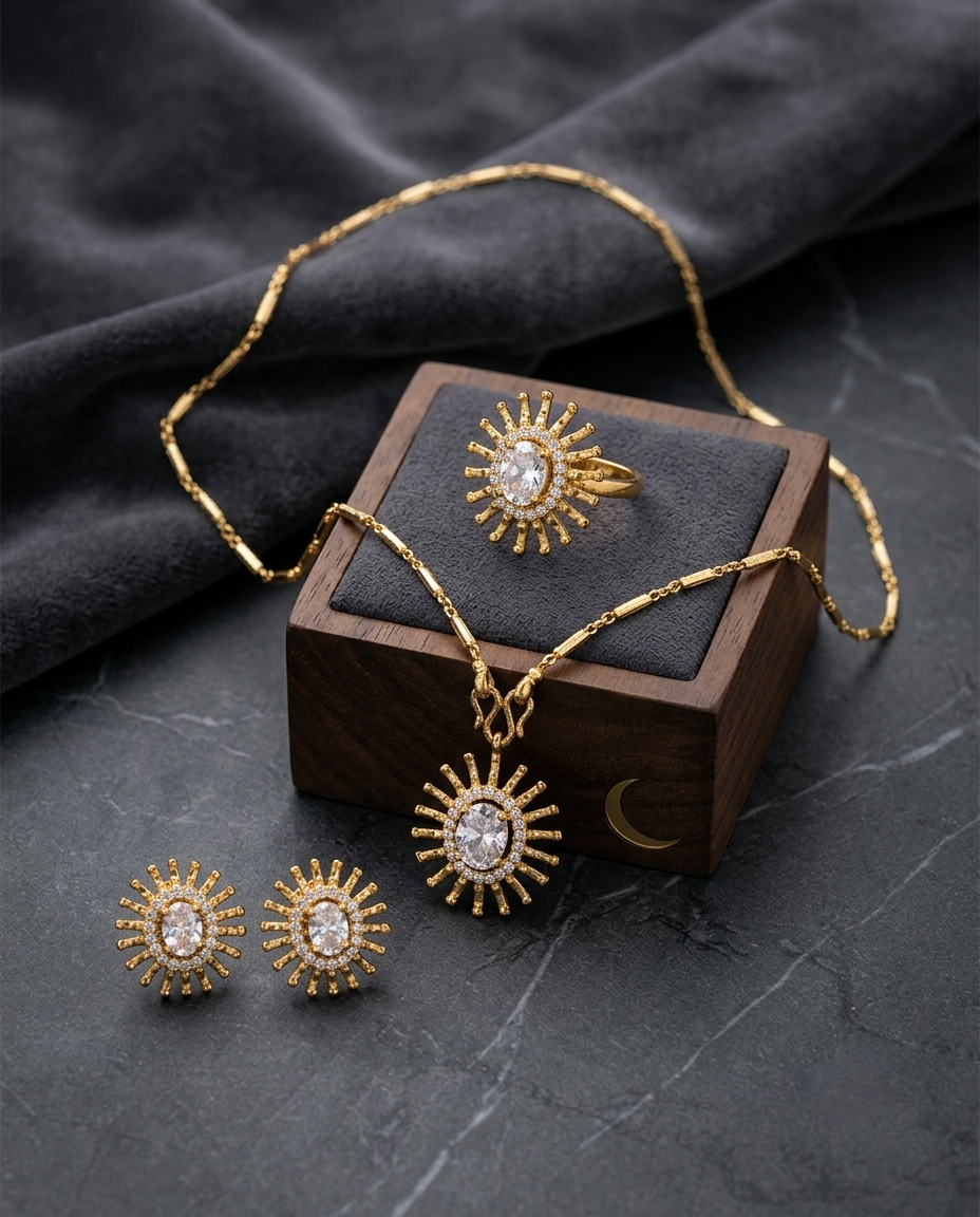 Gold-Plated Sunburst Jewelry Set with Crystal-Encrusted Pendant, Earrings & Ring