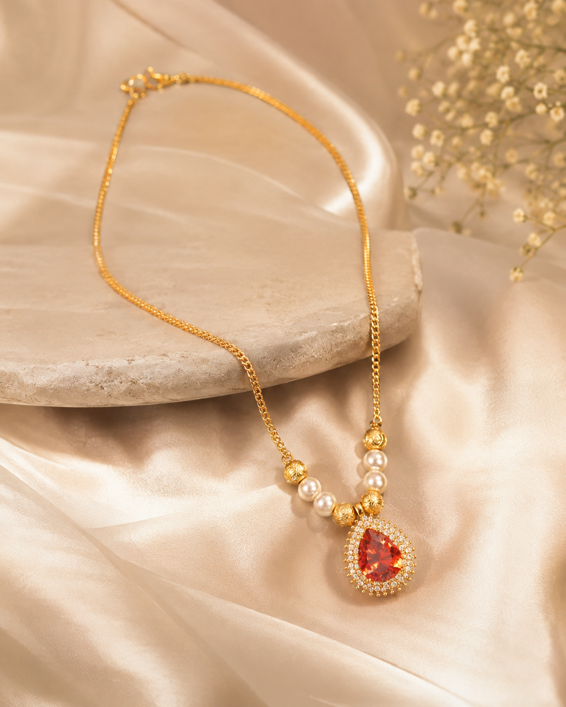 Gold-Plated Necklace Set with Red Teardrop Pendant, White Stones & Pearls