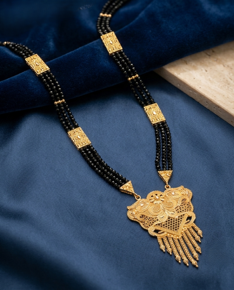Gold-Plated Mangalsutra with Filigree Pendant and Hanging Beads