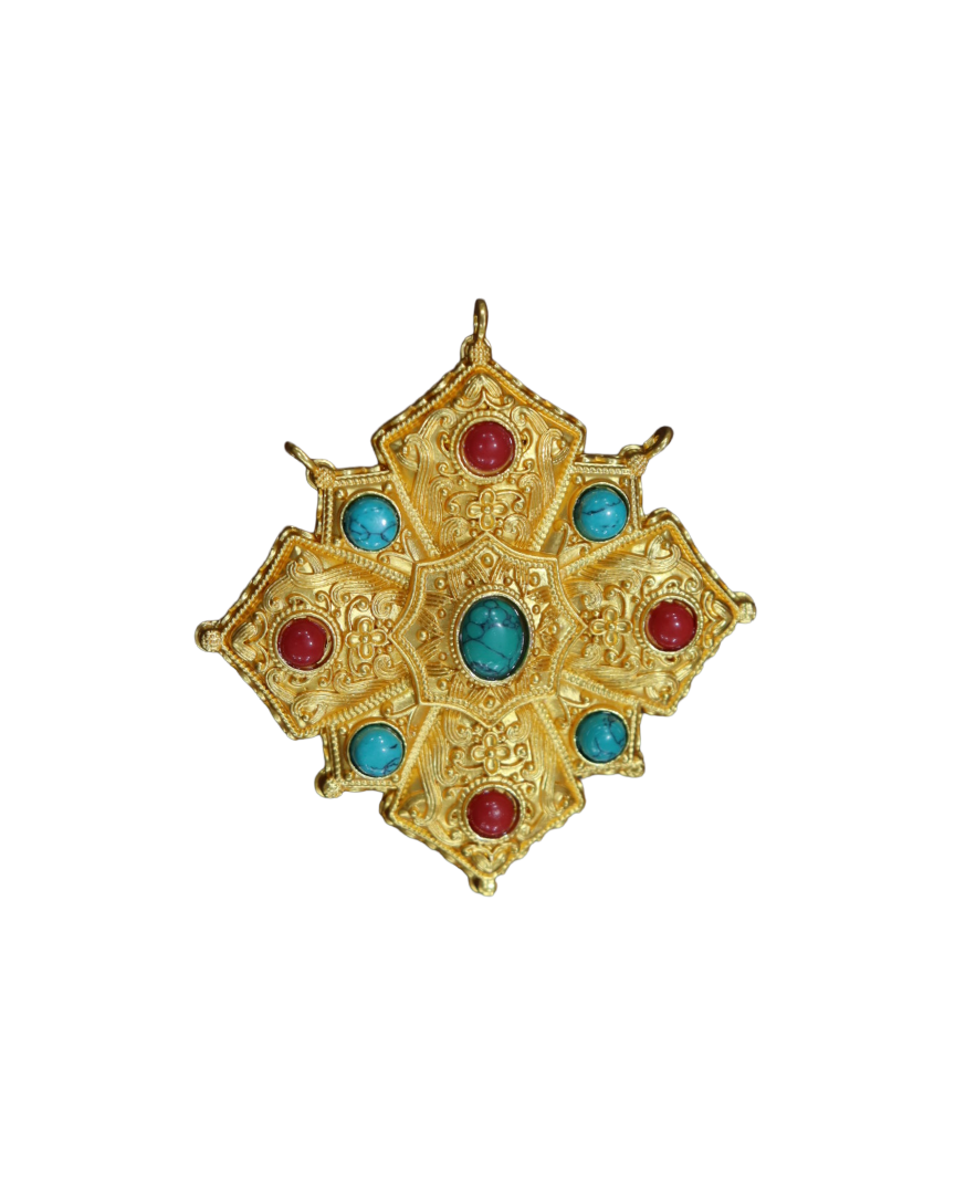 Gold-Plated Tibetan Ghau (Gau) Amulet Prayer Box Pendant with Turquoise & Coral Stones