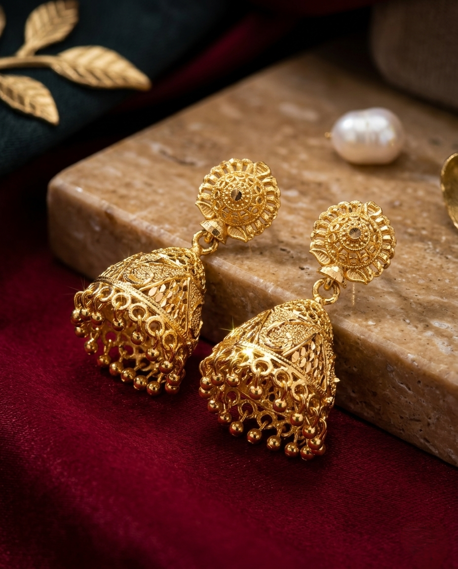 Gold-Plated Jhumka Earrings with Pinjara Pattern and Dangling Bead Design