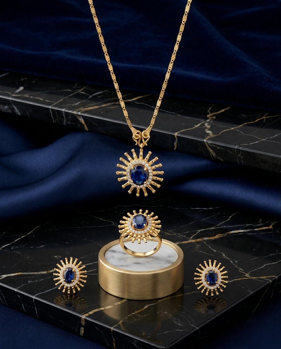 Gold Necklace Set with Blue Gemstone Sun Pendant and Matching Earrings