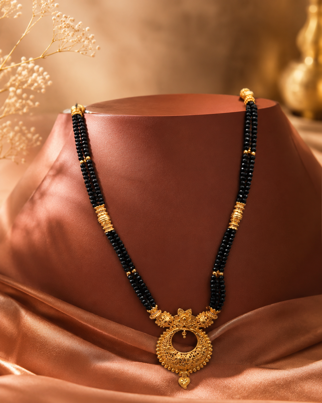 Gold Plated Mangalsutra with Black Crystal Beads & Traditional Pendant