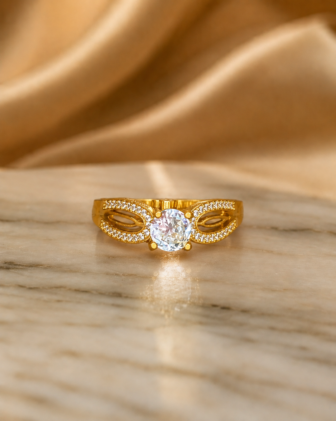 Gold-Plated Stainless Steel Engagement Ring with Round Cut Center Stone & Accent Stones