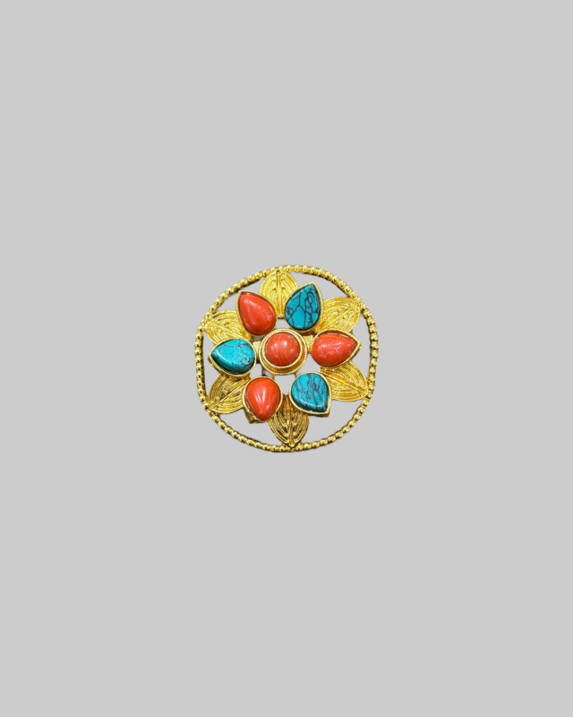 Gold-Plated Tibetan Ghau Brooch Box Pendant with Turquoise & Coral Stones