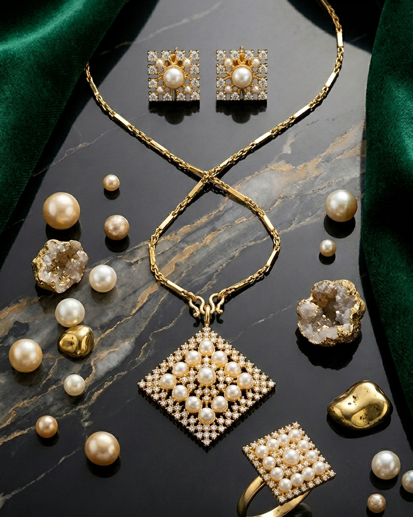 Pearl Essence Gold-Plated Jewelry Set with Square Crystal & Pearl Pendant