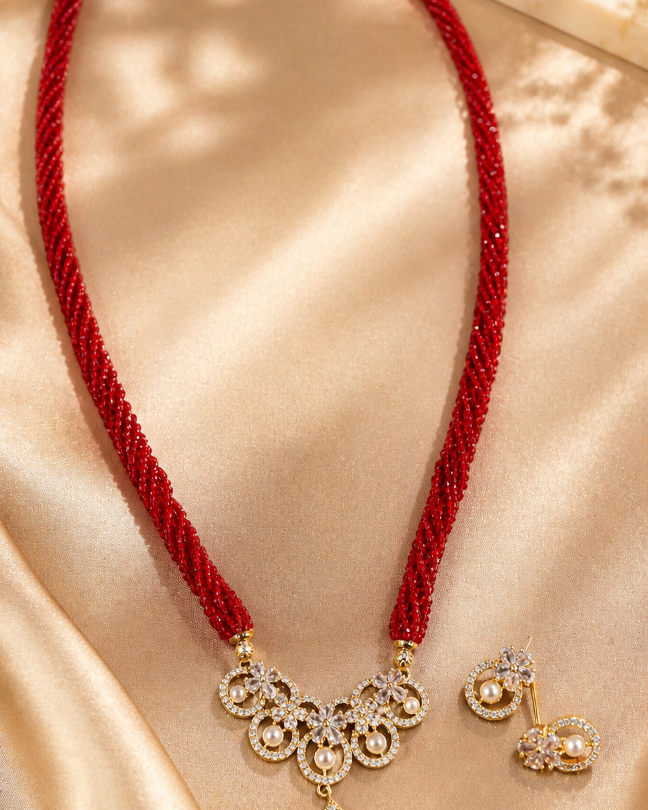 Gold-Plated American Diamond Necklace Set with Red Multistrand Beaded Design