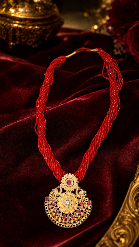 Nepali Gold-Plated Potey Mala with Multi-Strand Red Beads & Intricate Gold Pendant